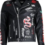 printed biker jacket - black leather biker jacket