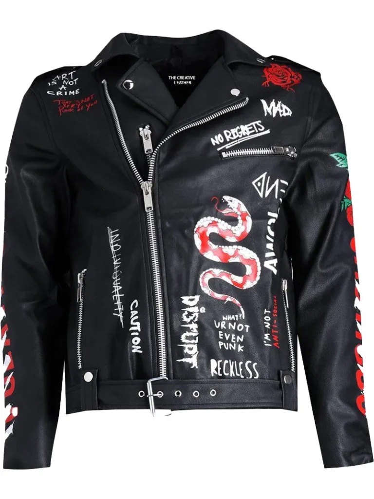 printed biker jacket - black leather biker jacket