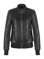 Womens Black Leather Bomber Jacket