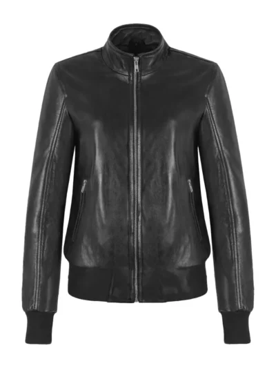 Womens Black Leather Bomber Jacket