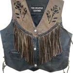 Black Embroidery Suede Fringe Leather Vest