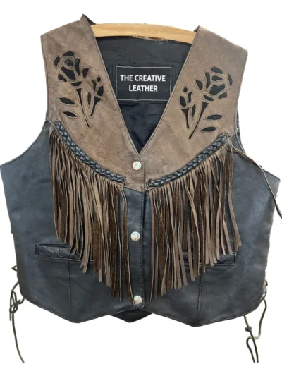 Black Embroidery Suede Fringe Leather Vest