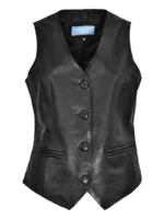 Women's Black Genuine Leather Vest – Classic Button Front Tailored Waistcoat