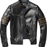 Embroidered Skull Motorcycle Leather Jacket front side