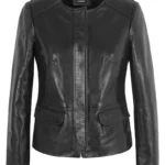 Black Lambskin Collarless Classic Leather Jacket
