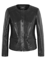 Black Lambskin Collarless Classic Leather Jacket