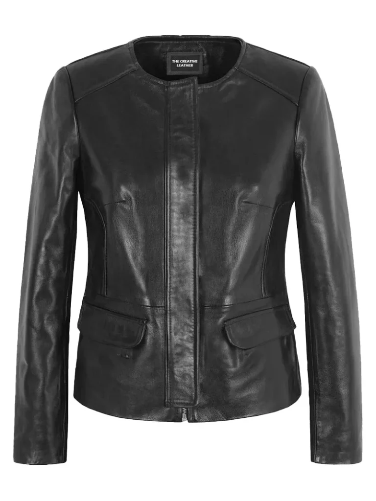 Black Lambskin Collarless Classic Leather Jacket