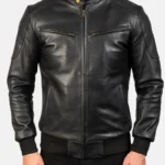 Black Leather Bomber Jacket by Svens