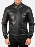 Black Leather Bomber Jacket by Svens