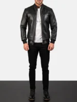 Black Leather Bomber Jacket by Svens