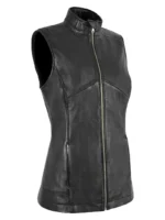 Black Longline Zip-Up Waistcoat in Genuine Leather for Women (2)