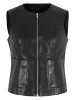 Black Real Leather Women's Slim Fit Waistcoat Casual Summer Soft Vest (Model 8048) (1) - the creative leather