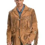 Black Western Coat Mens Leather Button Fringe Jacket (6)