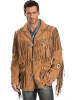 Black Western Coat Mens Leather Button Fringe Jacket (6)