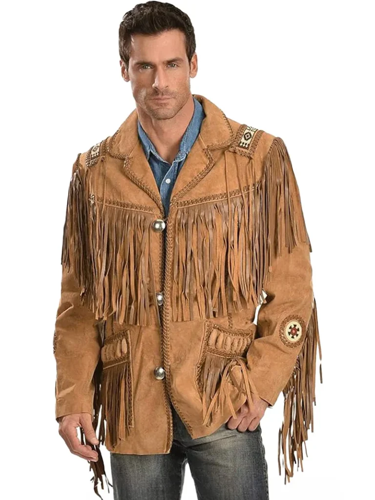 Black Western Coat Mens Leather Button Fringe Jacket (6)