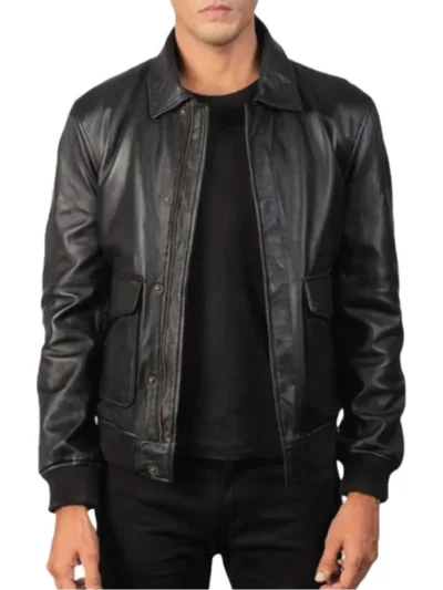 Cargo Black Leather Bomber Jacket