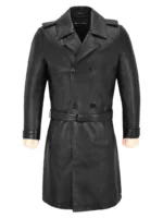Classic Black Lambskin Double-Breasted Men’s Knee-Length Leather Trench Coat – Style 6970