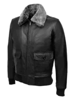 Classic Grey Fur Collared Jet Black Bomber Leather Jacket for Men (2)