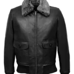 Classic Grey Fur Collared Jet Black Bomber Leather Jacket for Men - black bomber leather jacket for men