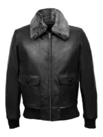 Classic Grey Fur Collared Jet Black Bomber Leather Jacket for Men - black bomber leather jacket for men