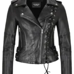 Gothic Slim Fit Real Leather Biker Jacket with Side Lacing for Stylish Women