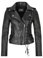 Gothic Slim Fit Real Leather Biker Jacket with Side Lacing for Stylish Women