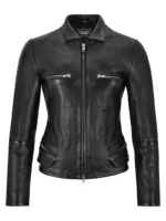 Ladies Black New Slim Fit Classic Collared Real Leather Jacket 3819