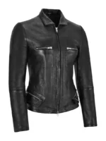 Ladies Black New Slim Fit Classic Collared Real Leather Jacket 3819 (4)