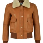 Ladies Fur Collar Bomber Leather Jacket