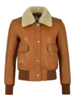 Ladies Fur Collar Bomber Leather Jacket