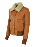 Ladies Fur Collar Bomber Leather Jacket