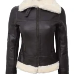 Women’s Brown Shearling Sheepskin Jacket B3 Aviator Leather with Fur Collar