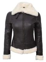 Women’s Brown Shearling Sheepskin Jacket B3 Aviator Leather with Fur Collar