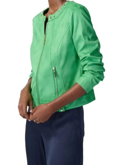 Women's Lime Green Suede Leather Moto Jacket | Biker Jacket side pose