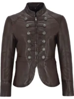 Men's Brown Military Leather Jacket – Vintage Double Button Band Collar Jacket