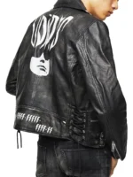 Men Graphic Print Biker Leather Jacket back side