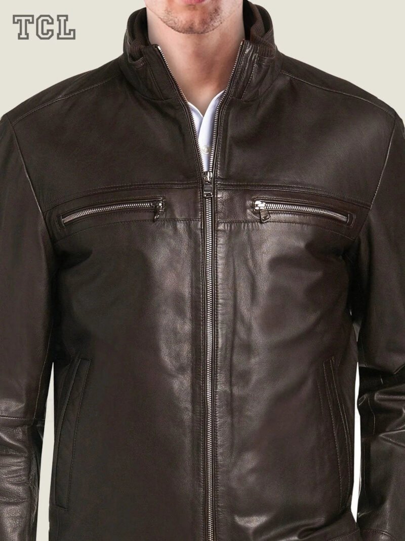 Men Lambskin Leather Bomber Jacket in Dark Brown zoom - The Creative Leather