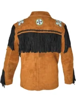 Men Western Leather Jacket With Fringe brown back side