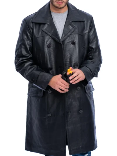 Mens Black Cow Hide Leather Trench Coat