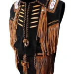 Mens Cowboy Fringe Bones And Beads Suede Leather Stylish Vest