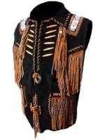 Men's Black Western Suede Leather Fringe Vest – Native American Inspired Leather Waistcoat
