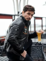 Mens Fashionable Embroidery Leather Jacket wearing a man