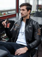 Mens Fashionable Embroidery Leather Jacket wearing a man