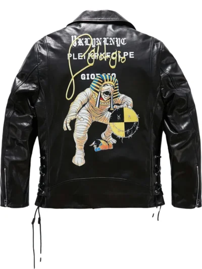 Mens Printed Leather Biker Jacket back side 2