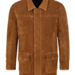Men's Tan Suede Leather Car Coat with Hidden Button Front & Utility Pockets