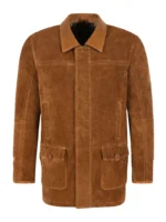 Men's Tan Suede Leather Car Coat with Hidden Button Front & Utility Pockets