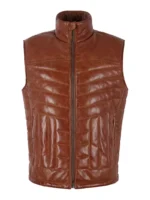 Men's Brown Quilted Leather Vest – Classic Zip-Up Puffer Leather Vest