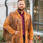 Mens Traditional Cowboy Western Leather Jacket Coat with Fringe (1)