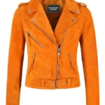 BRANDO Leather Jacket Tangerine Suede Fitted Biker Style