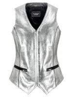 New Fashion Lambskin Slim-fit Silver Foil Waistcoat for Women - Stylish Vest Gilet 5678 (1) - the creative leather